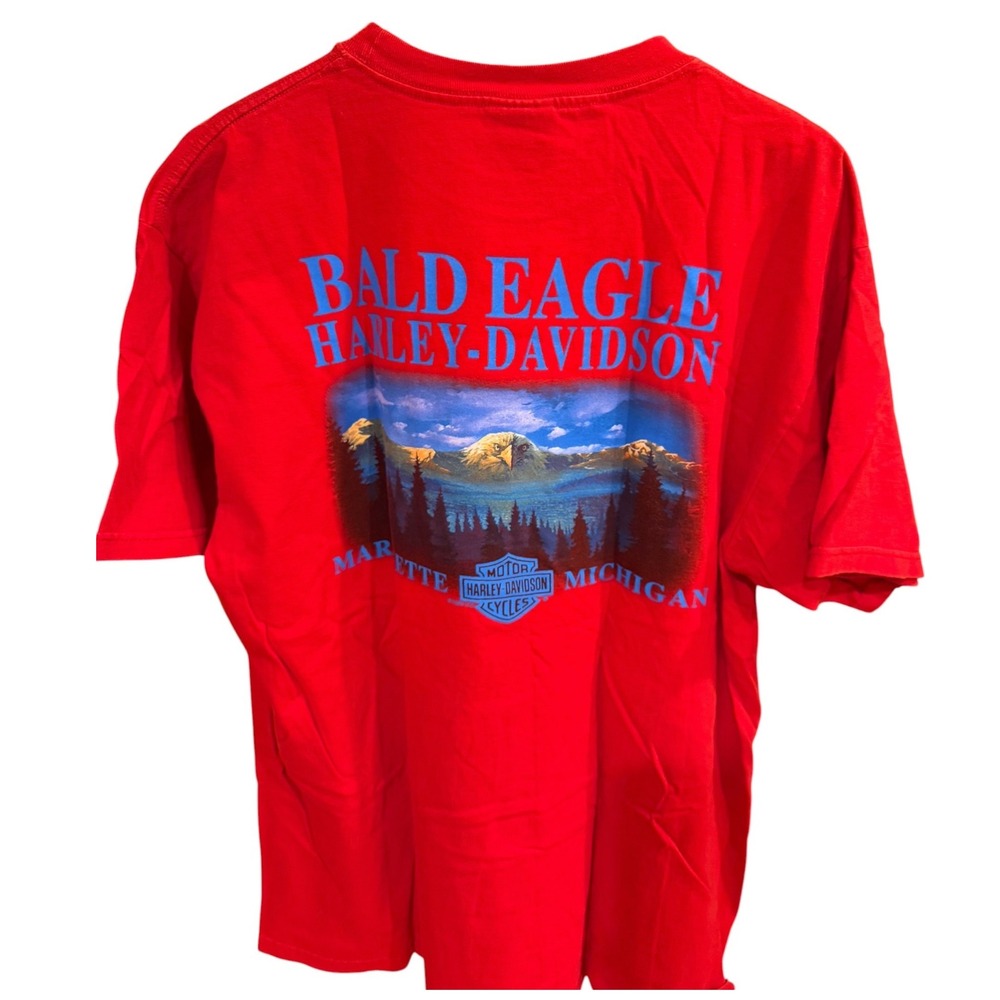 Vtg y2k Harley Davidson TShirt Men XL Red Bald Eagle American Flag Marquette MI
